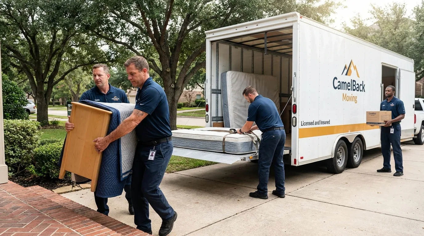 Crew loading residential truck for cross-state move from Wister, OK