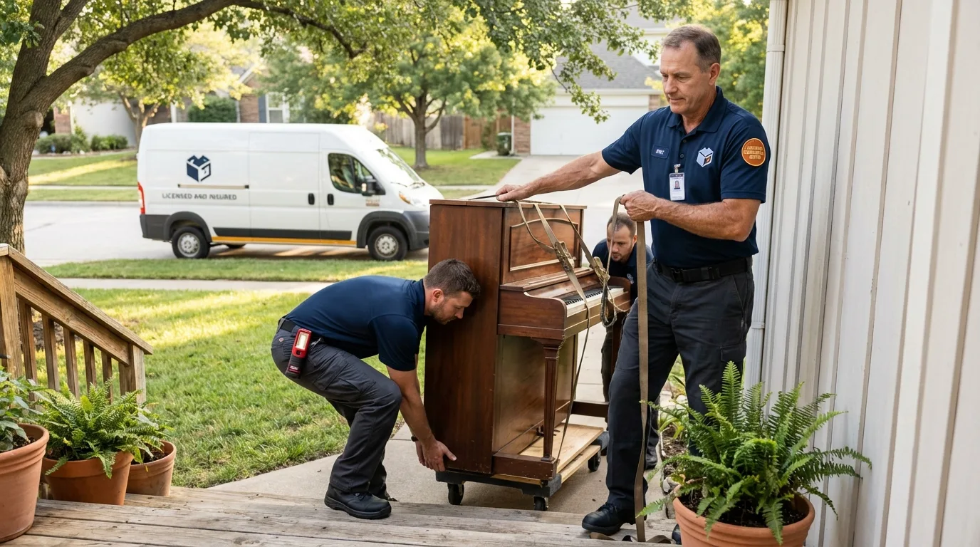 Licensed piano movers securing grand piano in Wister, OK