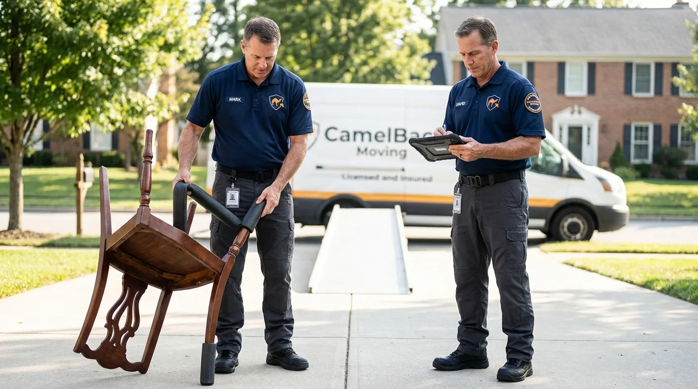 Movers inspecting furniture for damage prevention before loading in Wister, OK