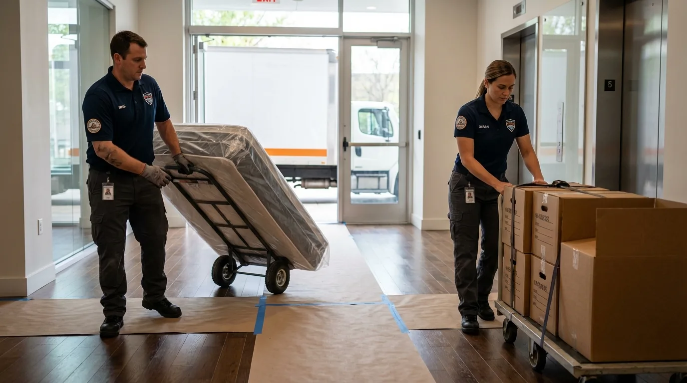 Professional apartment movers loading elevator in Wister, OK