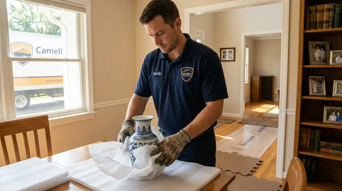 Professional crew carefully wrapping antique vase for senior downsizing move in Wister, OK